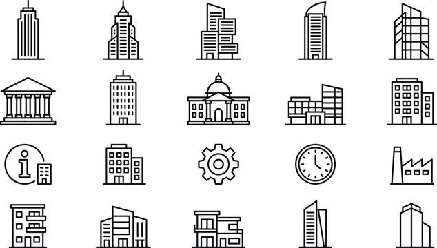City Buildings and Urban Real Estate Line Icon Set Featuring Skyscrapers Government Offices Factories Residential Houses and Corporate Business Center Layout DesignsCity Buildings and Urban Real Estat