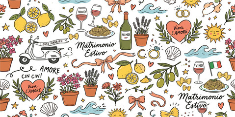 Seamless Italian Summer Wedding Pattern Featuring Wine, Lemons, Pasta, Vespa Scooter, Mediterranean Romance, and Cute Hand Drawn Vector Elements © Ruma