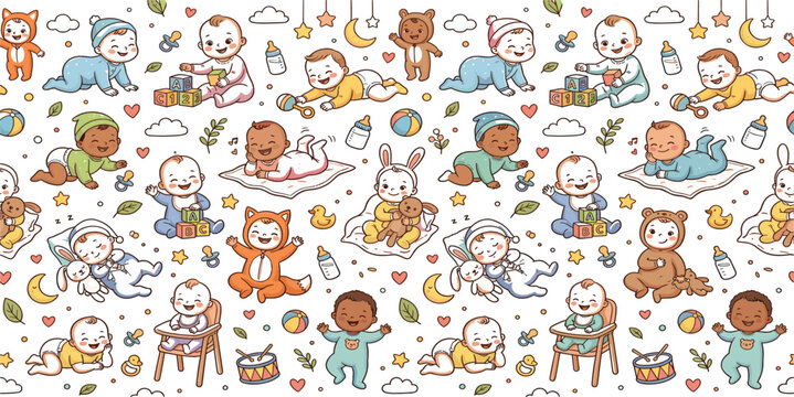 Seamless Baby Pattern Featuring Cute Toddlers, Toys, Teddy Bears, Nursery Elements, and Adorable Childcare Vector Illustration Background Design