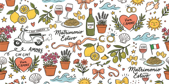 Seamless Italian Summer Wedding Pattern Featuring Wine, Lemons, Pasta, Vespa Scooter, Mediterranean Romance, and Cute Hand Drawn Vector Elements