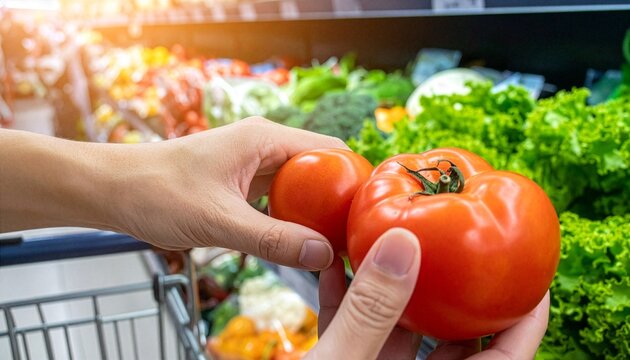 A person's hands select fresh, ripe tomatoes from a vibrant display of produce at a grocery store, highlighting healthy eating and grocery shopping.