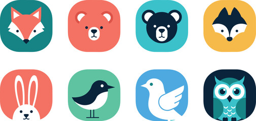 Estores personalizados com sua foto Flat animal avatar icon set featuring fox bear rabbit bird dove and owl in colorful rounded app interface style