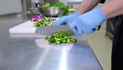 Fototapeta premium Hygienic Modern Kitchen Preparation with Gloved Hands Cutting Vegetables on Stainless Steel Surface