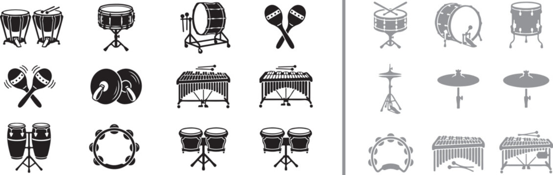 Percussion musical instruments vector icons set featuring drums maracas cymbals tambourine and xylophone silhouettes