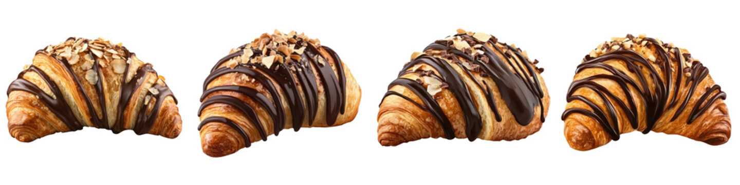 Set of Four Freshly Baked Croissants Isolated on White Background - French Pastry and Breakfast Food Collection
