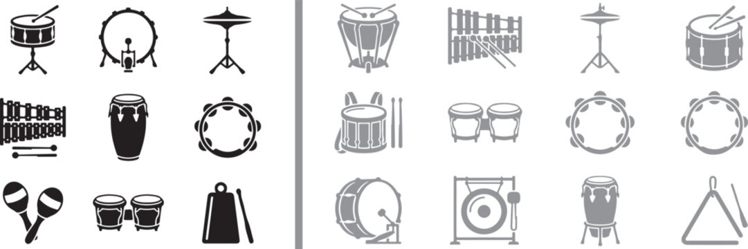 Percussion instrument vector icons set featuring drums tambourine maracas xylophone and gong for music design
