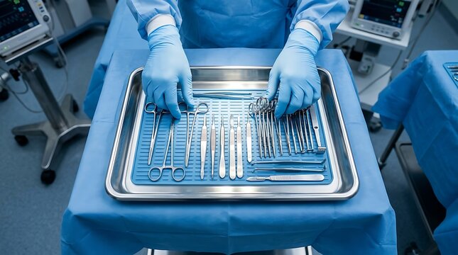 Surgeon Hands Arranging Surgical Instruments on Metal Tray in Operating Room