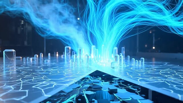 Abstract nano-semiconductor heterostructure, vibrant electric pathways flowing in microscopic quantum realm