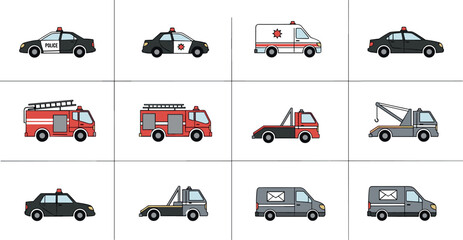 Emergency Vehicle Icon Set With Police Cars Ambulance Fire Trucks Tow Trucks And Service Vans Vector Illustration © MDNUR