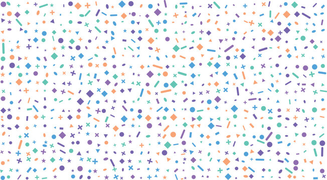 A vibrant scattered pattern of colorful geometric shapes on a clean white surface