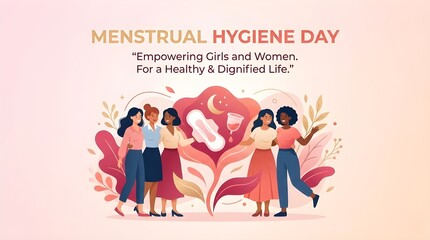 Obraz premium Menstrual Hygiene Day Banner, Flat Vector Illustration of a Diverse Group of Women Supporting Empowerment with Sanitary Pads, Menstrual Cup, and Period tracking Background