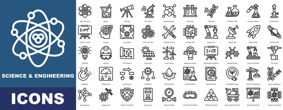 Science and Engineering icon pack collection set for Science. With Atomic Structure, Molecule Model, Microscope, Telescope, Laboratory Flask, Beaker, Test Tubes, DNA Helix.