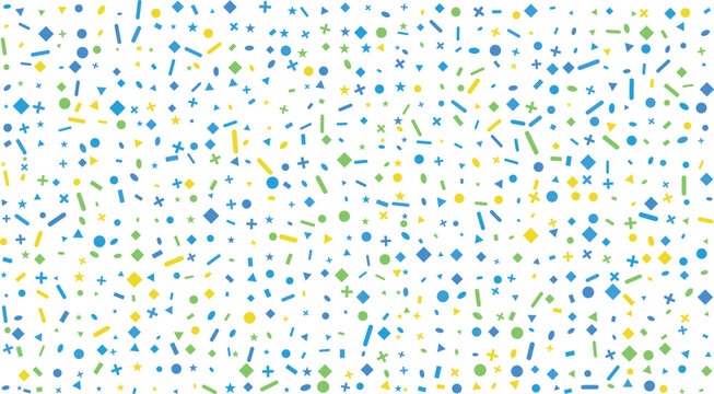 Countless small geometric shapes like circles, squares, and stars in blue, green, and yellow on a white plane