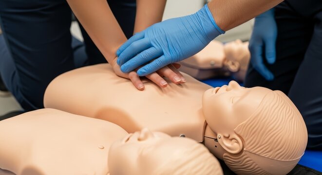 Hands in blue gloves performing chest compressions on CPR training mannequin, practicing life-saving skills