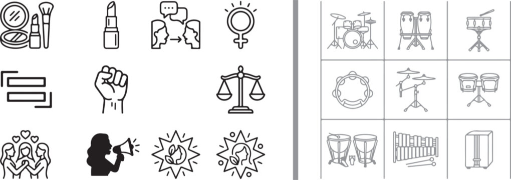 Vector icon set collection featuring feminism women rights beauty and musical percussion instruments line icons