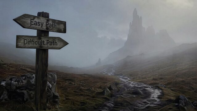 misleading. Foggy landscape with a misleading signpost in atmospheric mist, mysterious ambiance. travel magazines, destination branding, designed for travel destination branding.