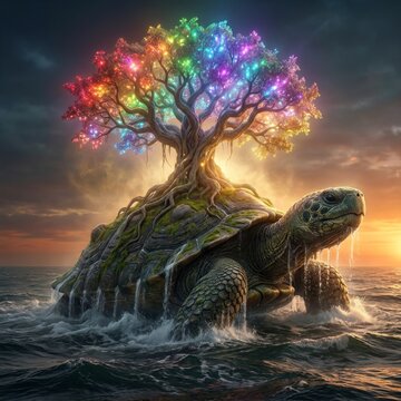 World turtle day: ancient turtle carrying a glowing rainbow tree of life emerging from the ocean