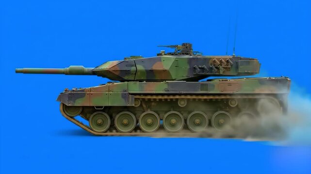 A highly detailed 3D animation of a Leopard 2 military main battle tank in traditional NATO three-color camouflage driving and kicking up dust against a blue screen. This realistic, high-density armor