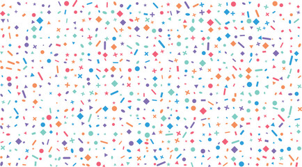 Fototapeta premium Various colorful geometric shapes are randomly scattered across a clean white background, creating a joyful party pattern