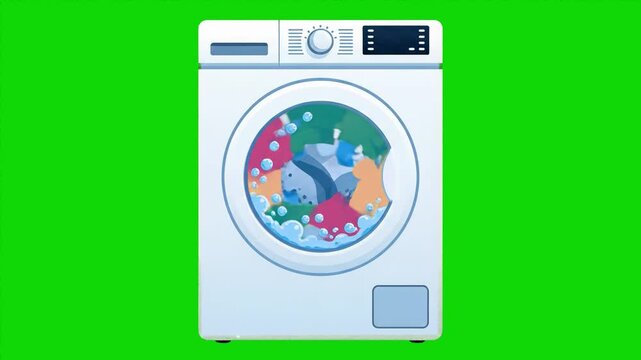 A front view of a white household washing machine laundering spinning colorful clothes inside its transparent drum covered in soap suds. This domestic appliance asset is isolated on a bright green chr