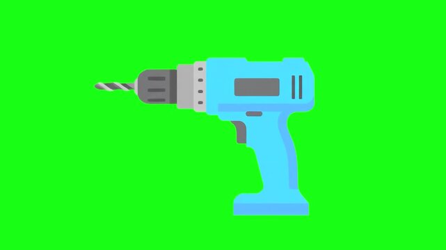A side profile view of a blue and grey cordless electric power drill with a spinning drill bit. This realistic 2D vector hardware asset is isolated on a bright green chroma key background for video ed