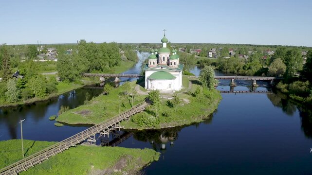 Aerial shot of Smolensky cathedral on sunny summer day. Olonets town, Karelia, Russia.