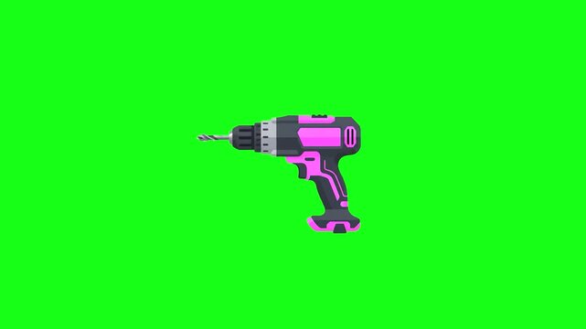 A stylish 2D vector graphic of a cordless electric power drill featuring a vibrant pink and black color scheme. This functional construction tool asset is isolated on a vivid green chroma key backdrop