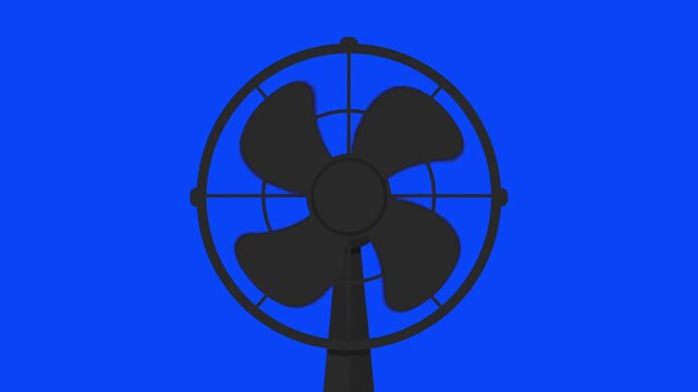A clean, flat 2D vector graphic of a classic electric desk fan with four blades and a protective grill cage. This minimalist icon is isolated on a solid blue screen background, suitable for motion des