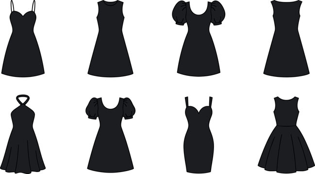 Black Dress Silhouette Icon Set Minimal Vector Illustration For Fashion Apparel Boutique Wardrobe And Clothing Design Elements