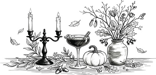 Vintage Autumn Still Life Illustration Featuring Candle Holder, Floral Arrangement, Pumpkin, and Botanical Sketch Elements in Elegant Hand Drawn Style © Ruma