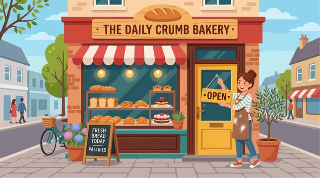 2D Flat Vector Charming bakery storefront with a woman hanging an open sign and fresh bread displayed