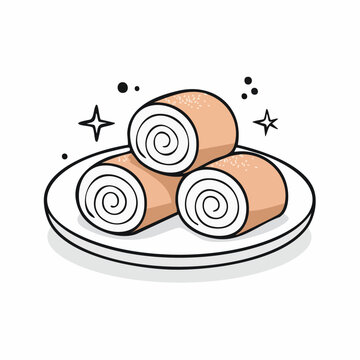 Hand-drawn illustration of three Swiss rolls on a plate