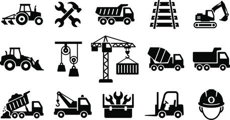 Construction Equipment and Industrial Machinery Icons Set with Crane Excavator Dump Truck and Forklift © MD