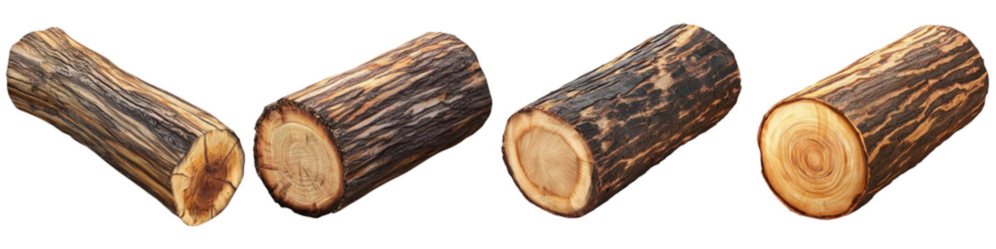 Set of Four Cut Wood Logs Isolated on White Background - Nature Timber and Forestry Resource Collection

