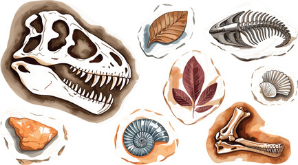 Realistic Fossil Vector Collection Featuring Dinosaur Skull, Trilobite, Ammonite, Fish Skeleton, and Leaf Fossils for Paleontology and Science Designs © MDEsmayil