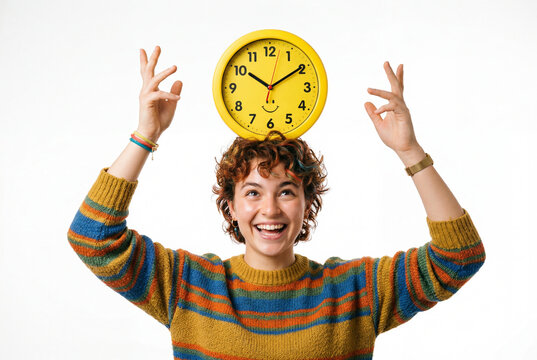 Cheerful young adult balancing a yellow clock on top of head
