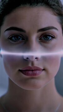 Frontal white woman face mapped with neon geometric grid, landmark points highlight eyes and jaw, calibration lines animate into wireframe rig, modeling session for animation pipeline,
