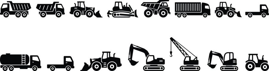 Construction Vehicle Silhouette Collection with Dump Trucks Excavators Bulldozers Cranes and Industrial Machinery Icons © MD