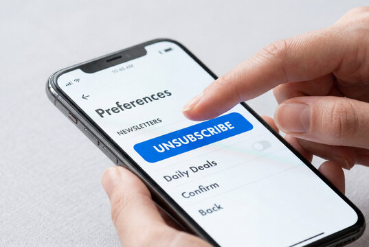 Finger pressing blue unsubscribe button on smartphone screen