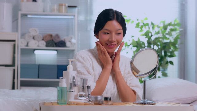 Happy Asian woman applying beauty skin care cream on face looking at mirror in bright bathroom feeling relaxed confident with glowing healthy flawless complexion morning routine lifestyle