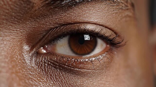 Closeup of a human eye opening slowly revealing brown iris and detailed skin texture.