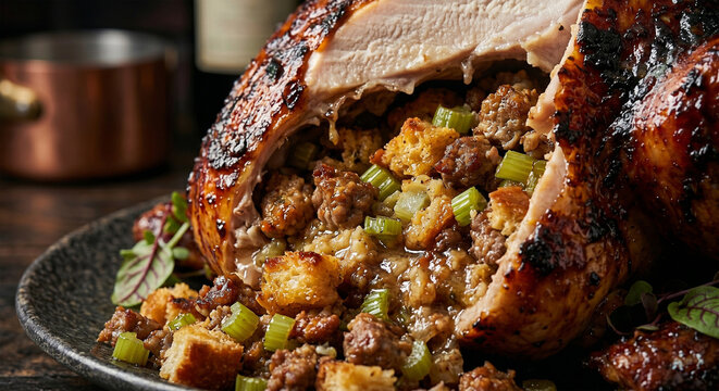 A side-view macro shot focusing on the cavity of a carved roast turkey. The image highlights the contrast between the dark-gold roasted skin and the chunky, textured stuffing spilling out,