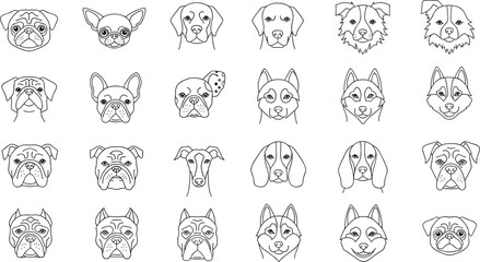 Professional Dog Breed Head Line Art Icon Set Featuring Pug, Bulldog, Husky, Beagle, and Greyhound for Pet Industry Branding, Veterinary Logos, and Minimalist Graphic DesignsProfessional Dog Breed Hea © Sonjoy
