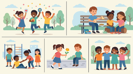Fototapeta premium Children Demonstrating Friendship Kindness and Empathy Through Diverse Social Interactions and Helping Each Other Outdoors