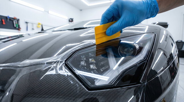 Close-up of a worker in a blue glove applying paint protection film on a luxury car headlight using a squeegee.