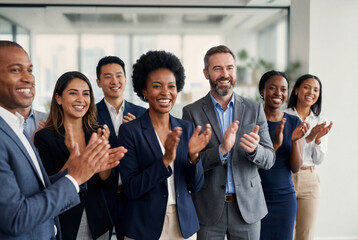 Obraz premium Diverse business team clapping hands in modern office conference room celebrating success