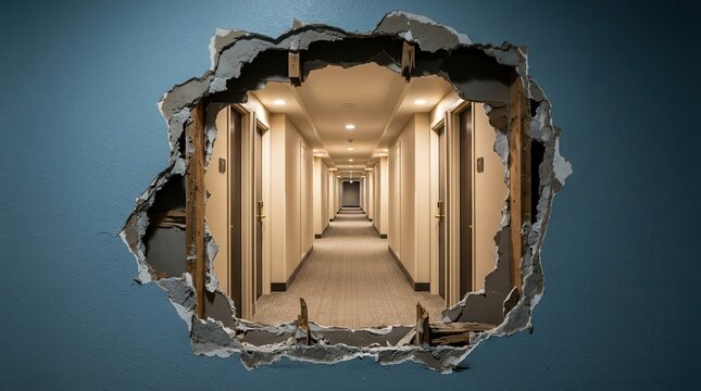 A hole in the wall revealing a corridor and successive rooms for damage assessment and repair strategy.