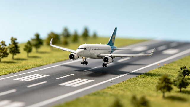 A miniature model airplane captured in mid-air over a tiny runway, featuring realistic details and a shallow depth of field for a tilt-shift effect.