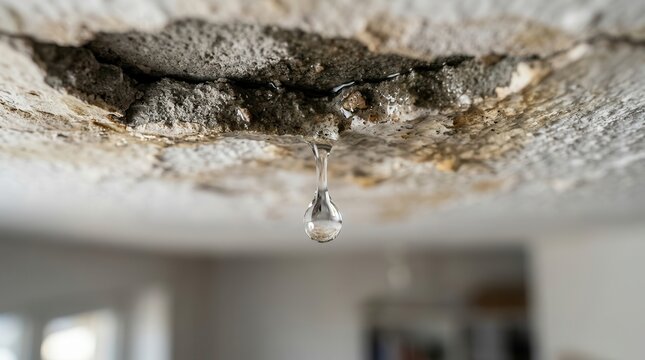 Damaged plaster and ceiling crack with a falling water droplet indicating a leak.