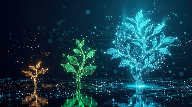 Digital plant sprouts showing growth stages from startup to a scaled enterprise.